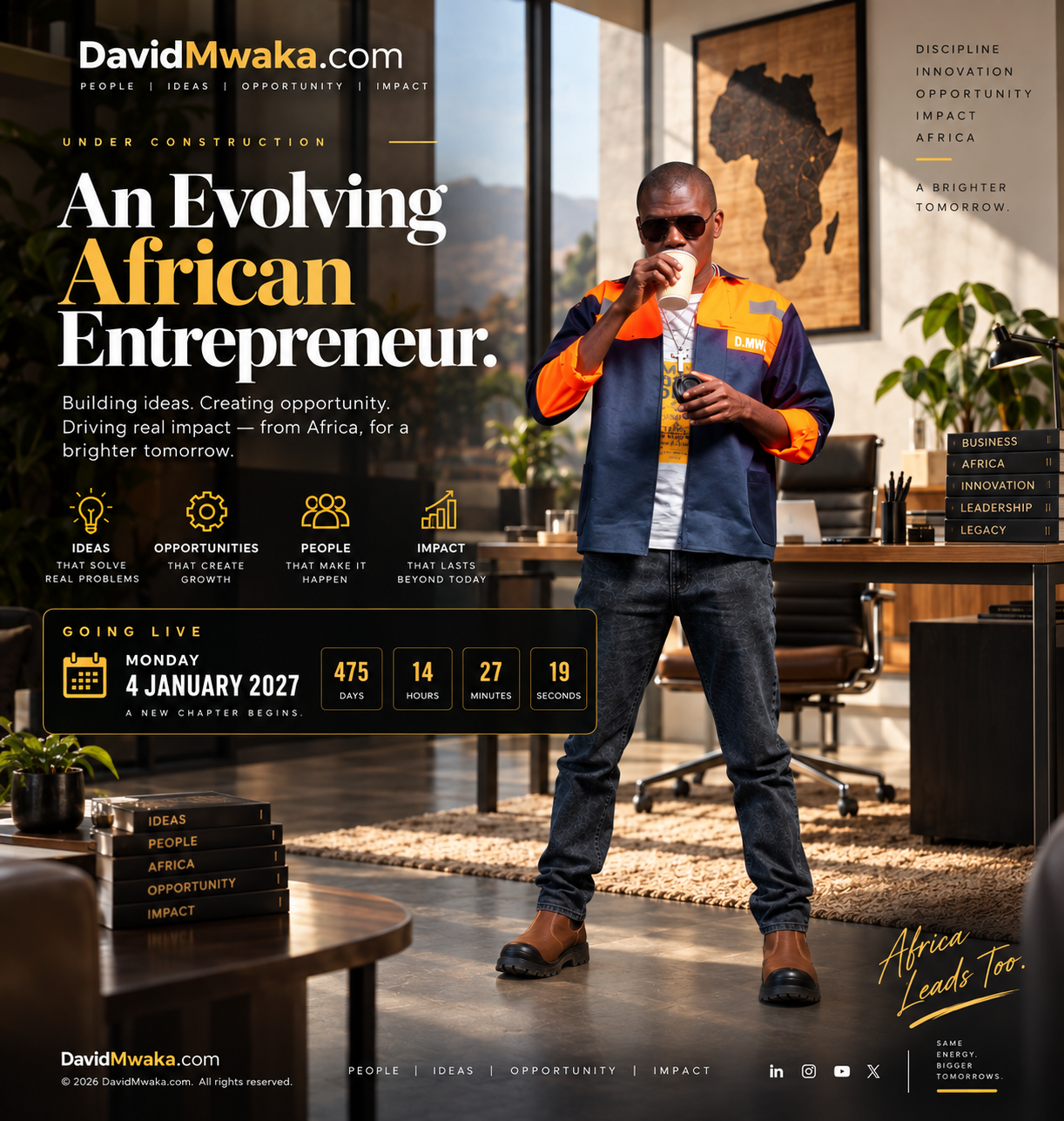 David Mwaka in a warm modern office with African-inspired styling and the headline An Evolving African Entrepreneur.